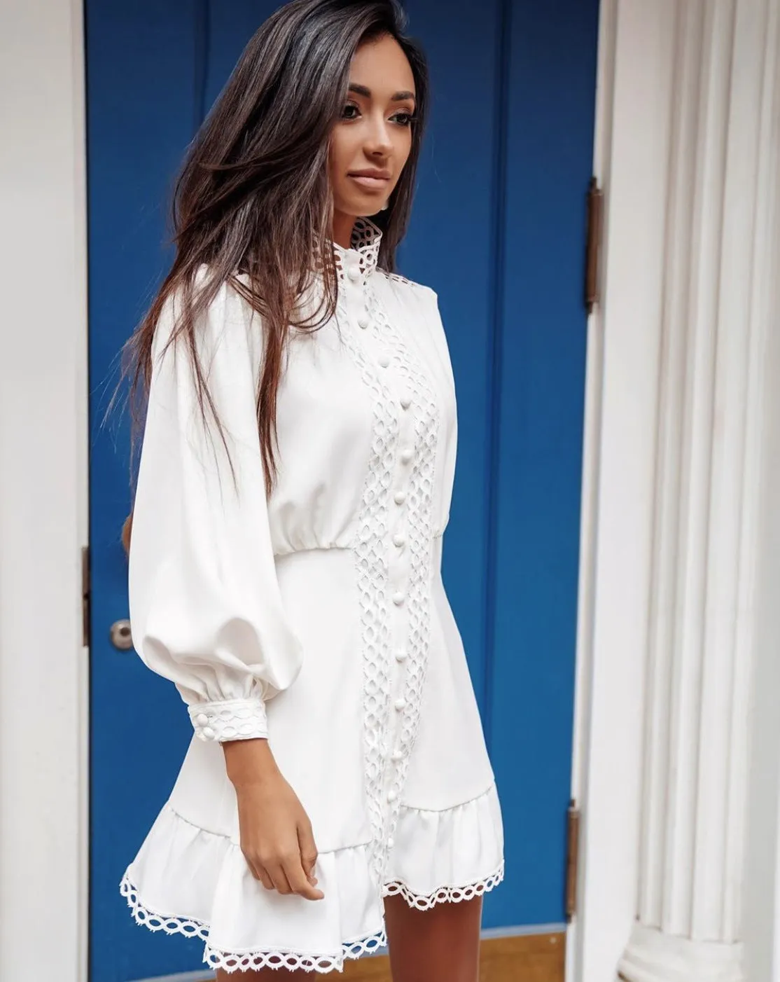 Hollow-out Round Collar Dress Single Breasted Mini Dress