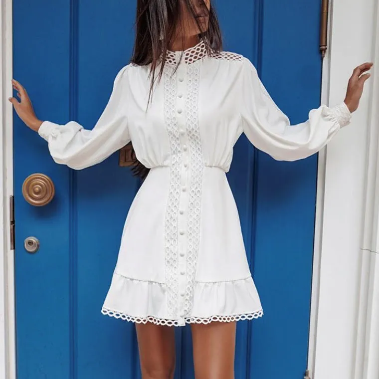 Hollow-out Round Collar Dress Single Breasted Mini Dress