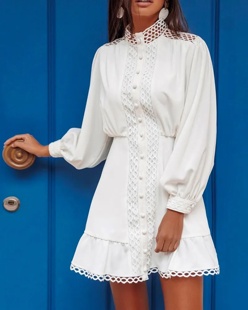Hollow-out Round Collar Dress Single Breasted Mini Dress