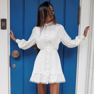 Hollow-out Round Collar Dress Single Breasted Mini Dress