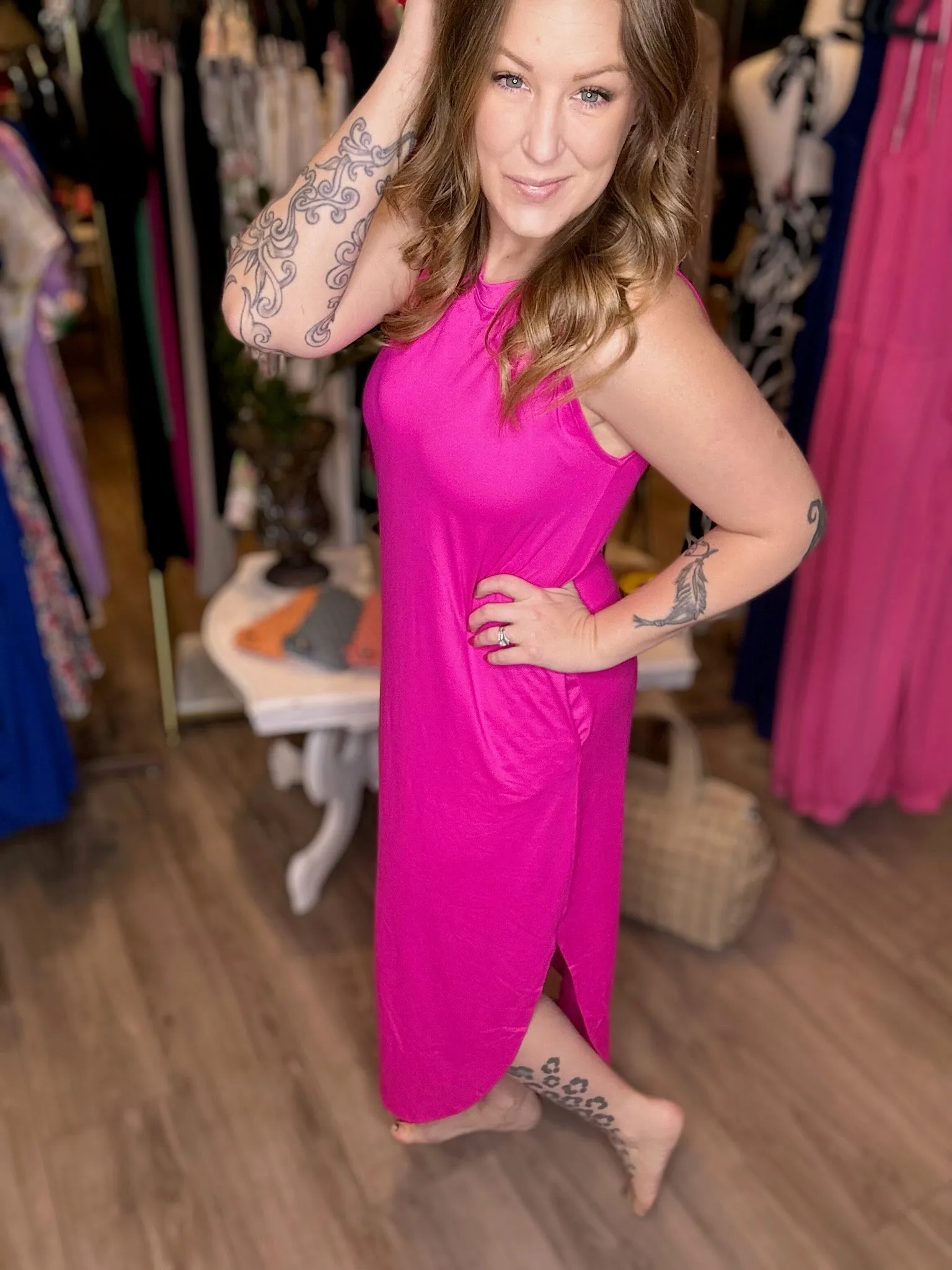 Hot Pink Round Hem Maxi Dress