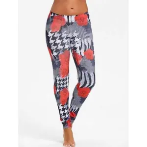 Houndstooth Floral Rose Leggings - Black M