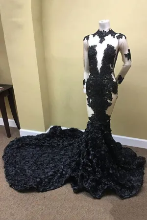 Illusion Long Sleeve Lace African Flowers Mermaid Prom Dress