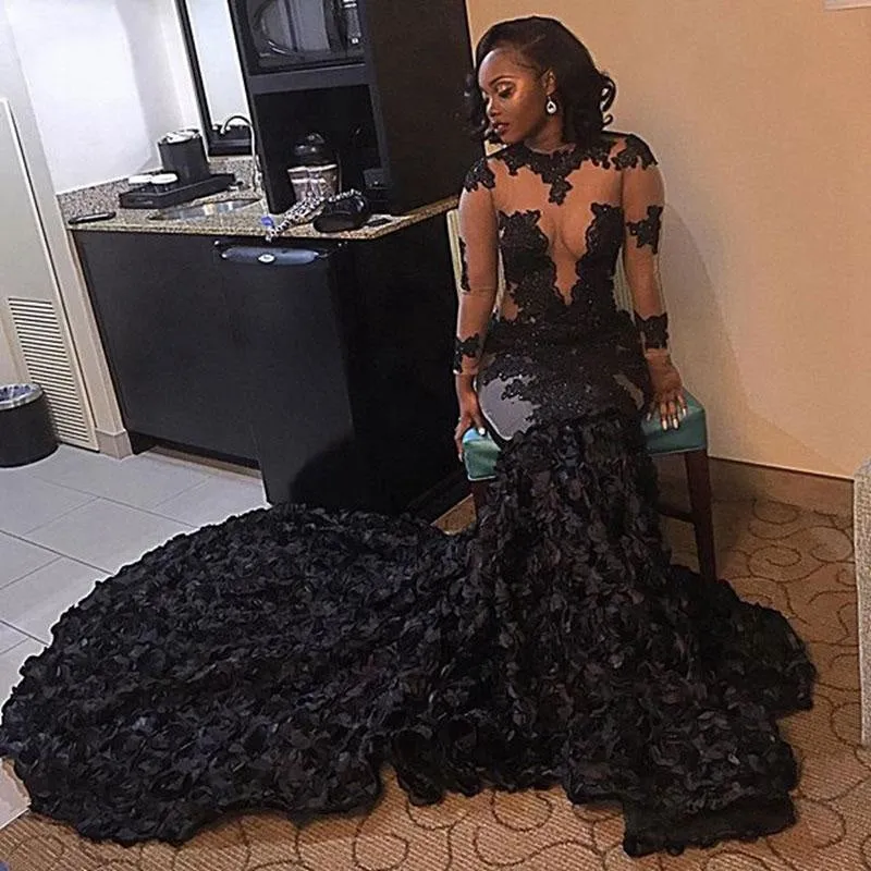 Illusion Long Sleeve Lace African Flowers Mermaid Prom Dress
