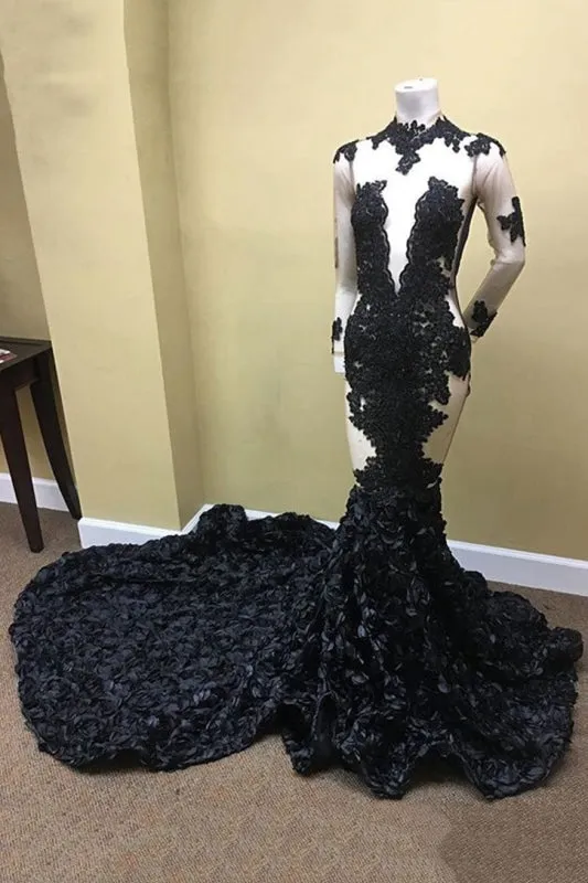 Illusion Long Sleeve Lace African Flowers Mermaid Prom Dress