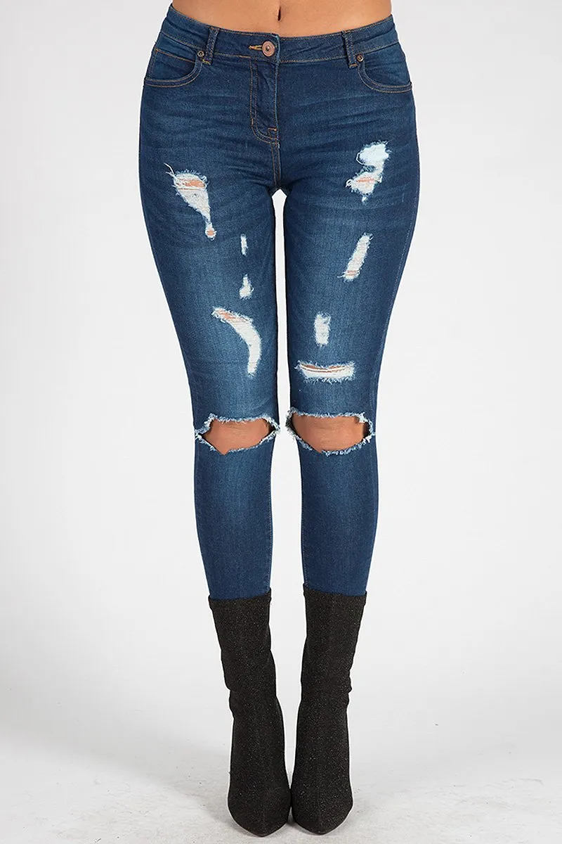 Indigo Distressed High Waisted Skinny Jeans - Erin