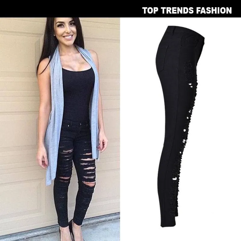 Individuality Women's Ripped Jeans Pencil Pants High Waisted Jeans