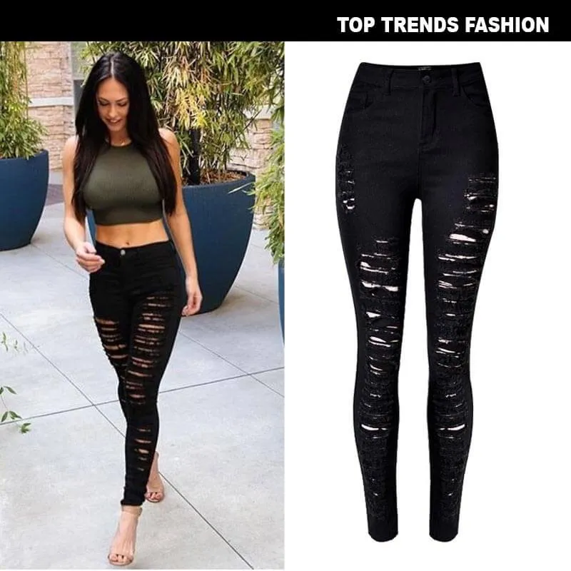 Individuality Women's Ripped Jeans Pencil Pants High Waisted Jeans