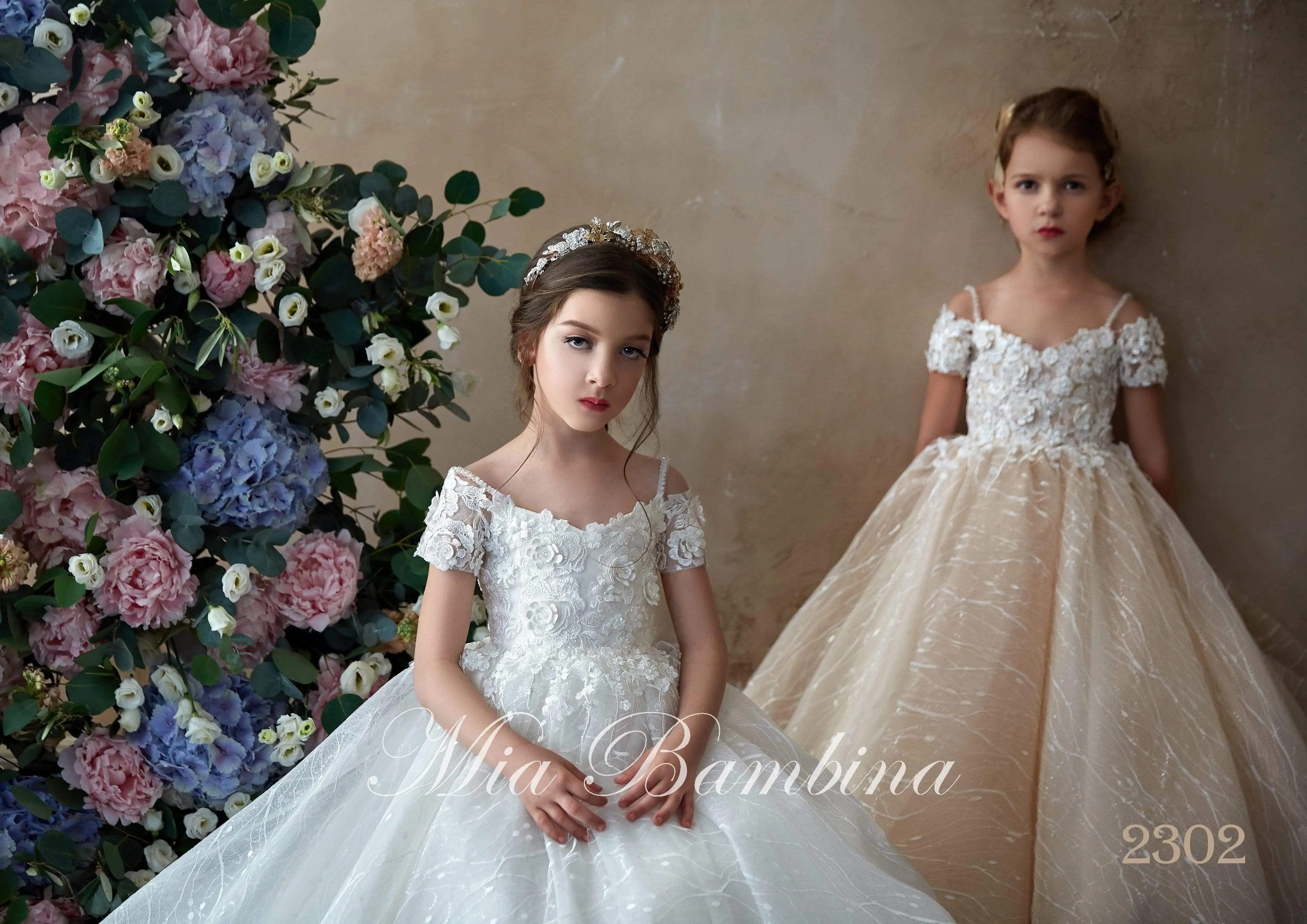 Ivana - Off Shoulder Flower Girl Dress with an Intricate Floral Design