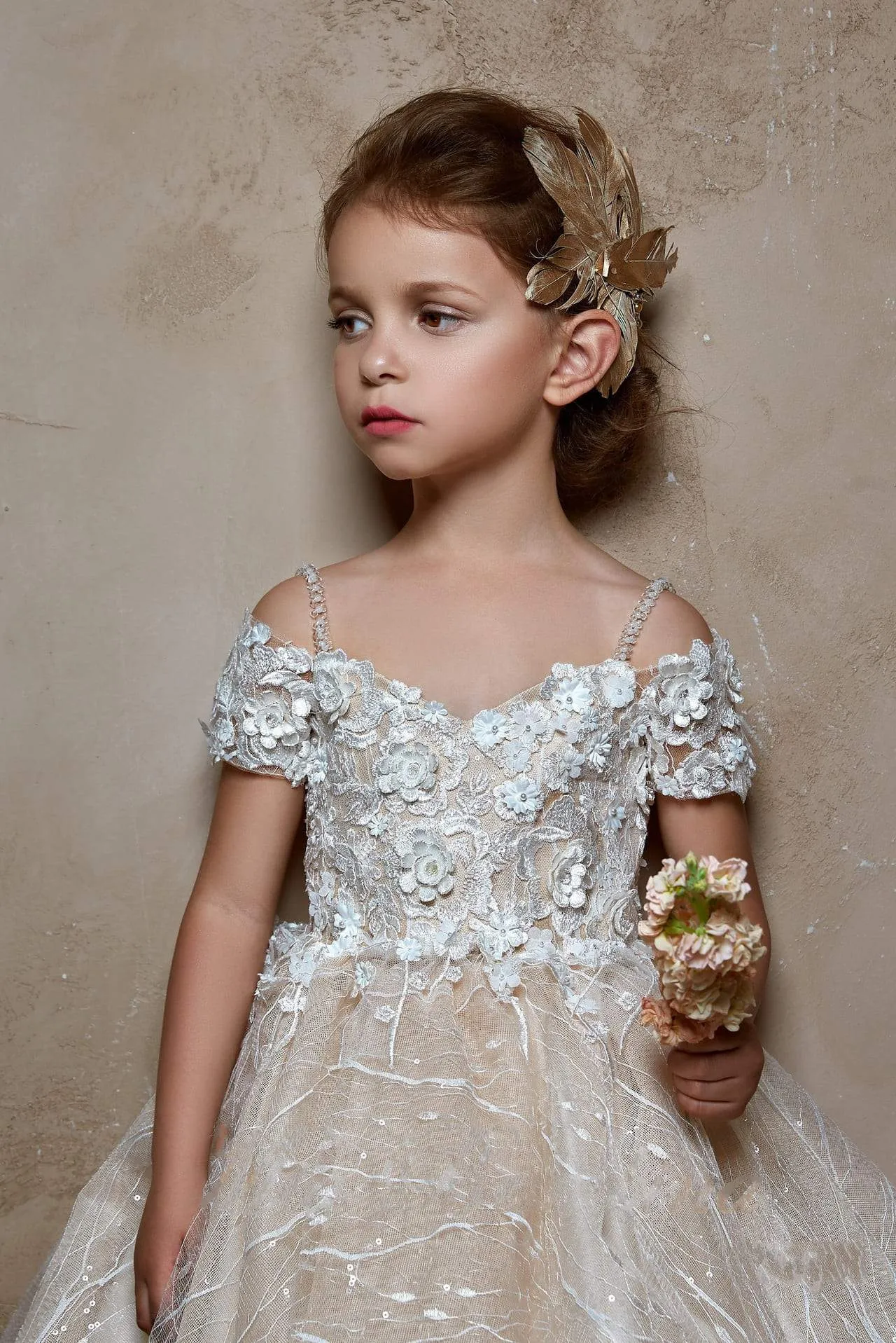 Ivana - Off Shoulder Flower Girl Dress with an Intricate Floral Design