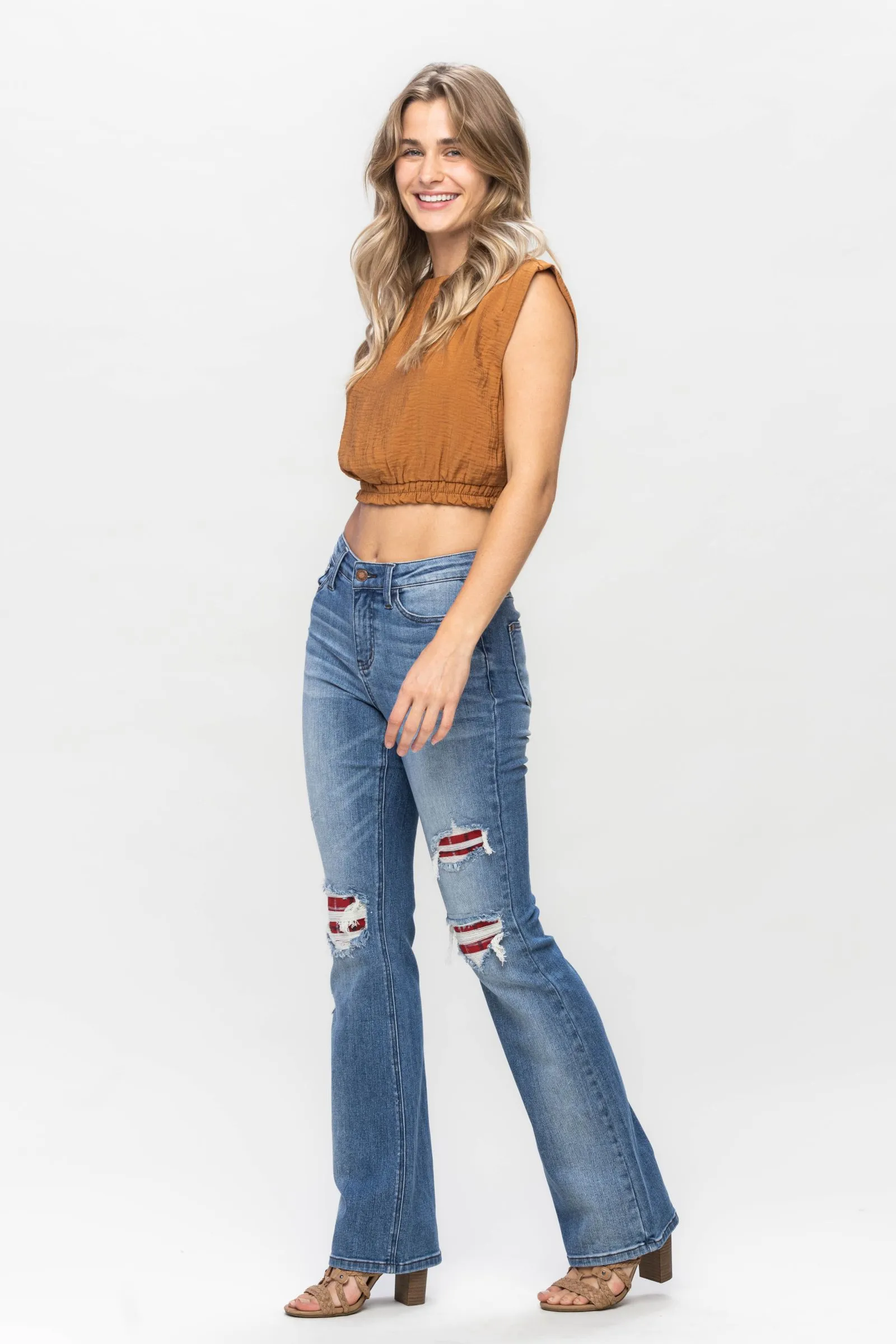 Judy Blue || Delilah Mid Rise Plaid Patch Detail Bootcut Jean