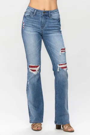 Judy Blue || Delilah Mid Rise Plaid Patch Detail Bootcut Jean