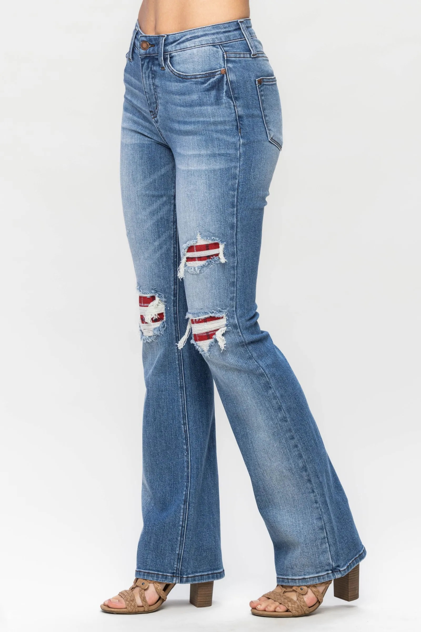 Judy Blue || Delilah Mid Rise Plaid Patch Detail Bootcut Jean