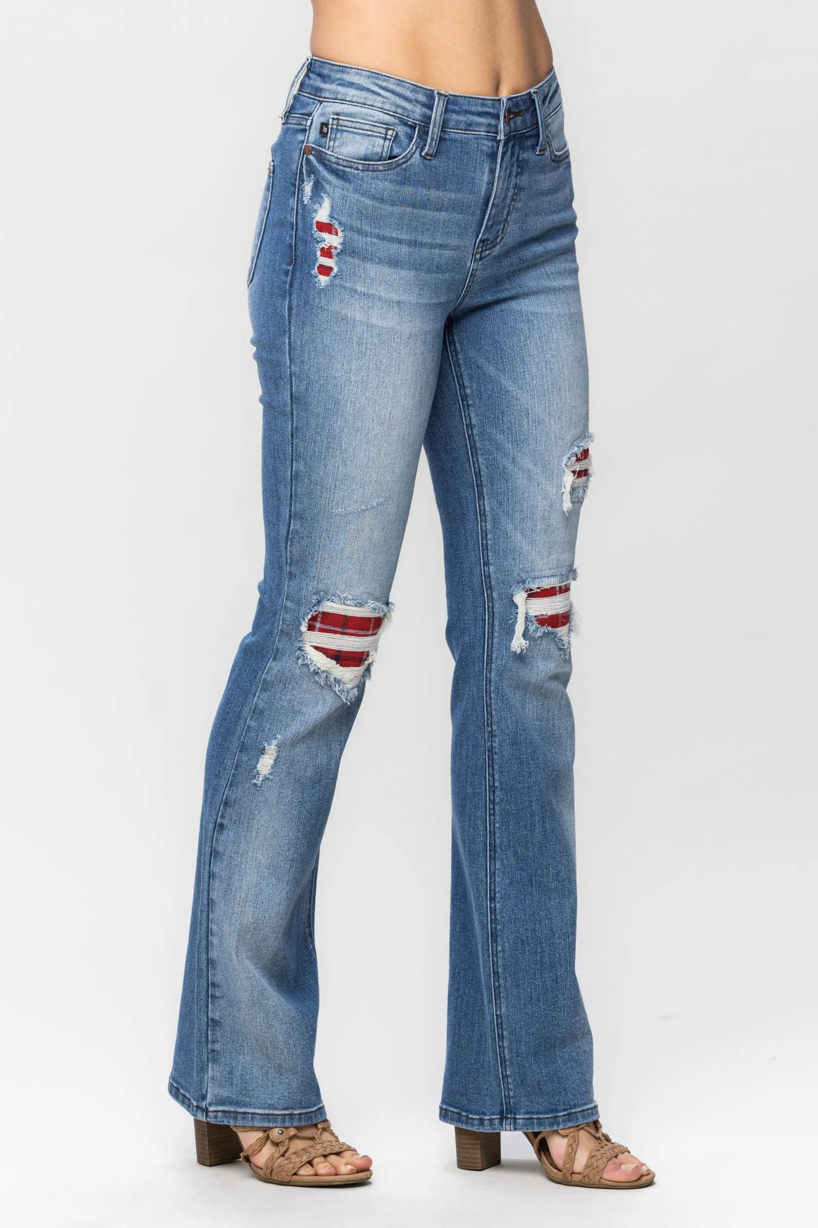 Judy Blue || Delilah Mid Rise Plaid Patch Detail Bootcut Jean