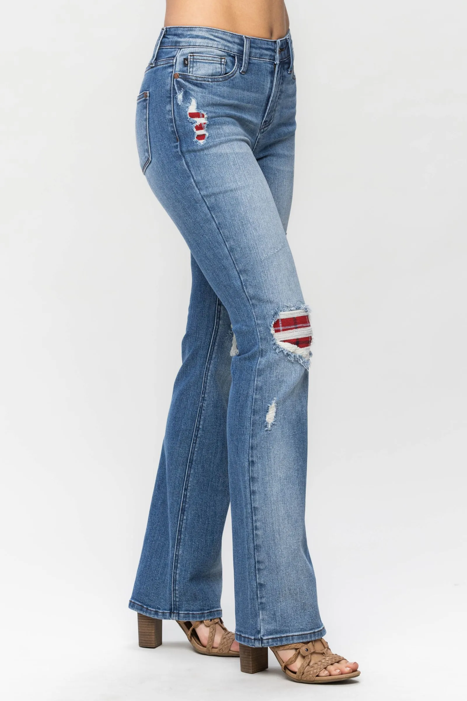 Judy Blue || Delilah Mid Rise Plaid Patch Detail Bootcut Jean