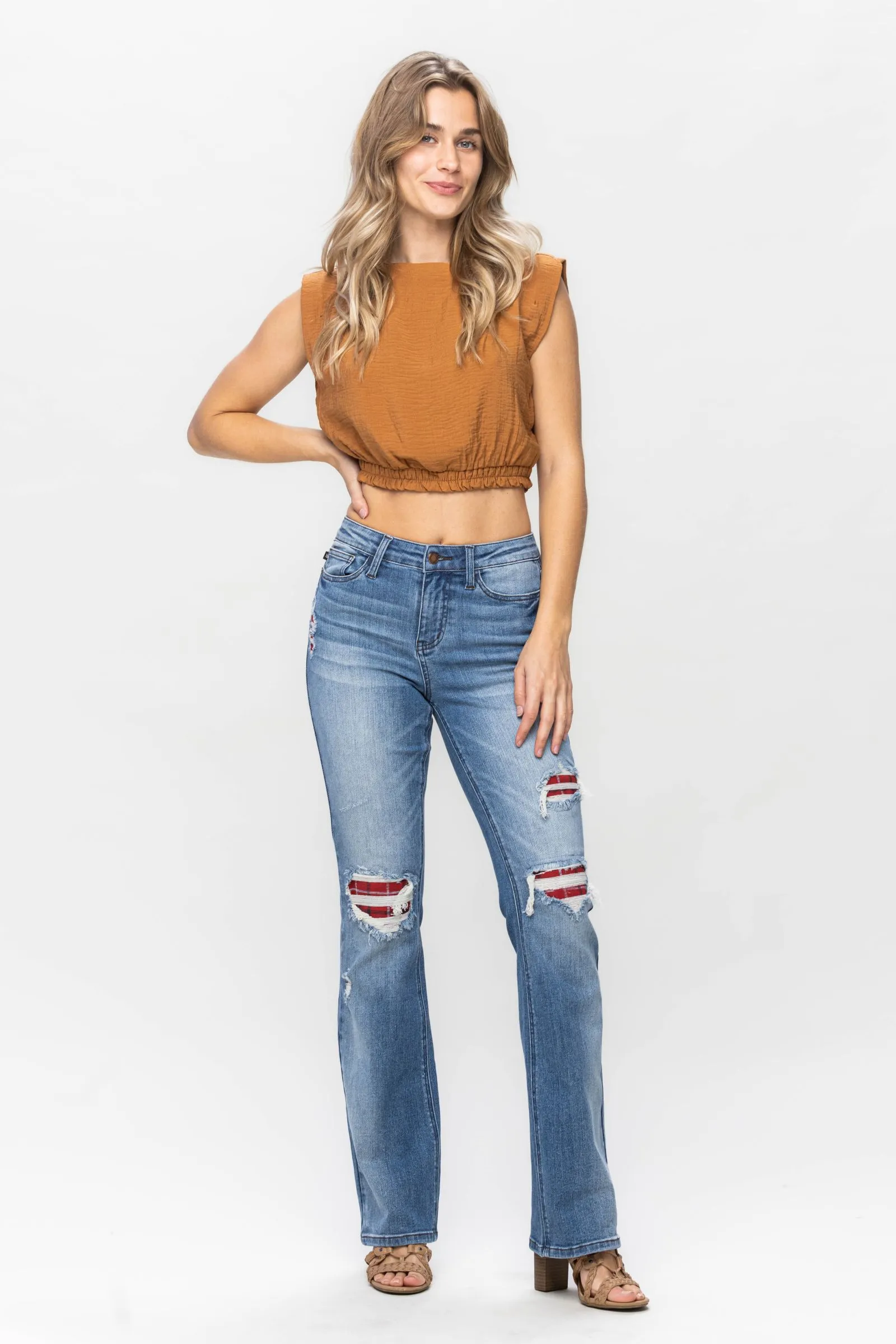 Judy Blue || Delilah Mid Rise Plaid Patch Detail Bootcut Jean