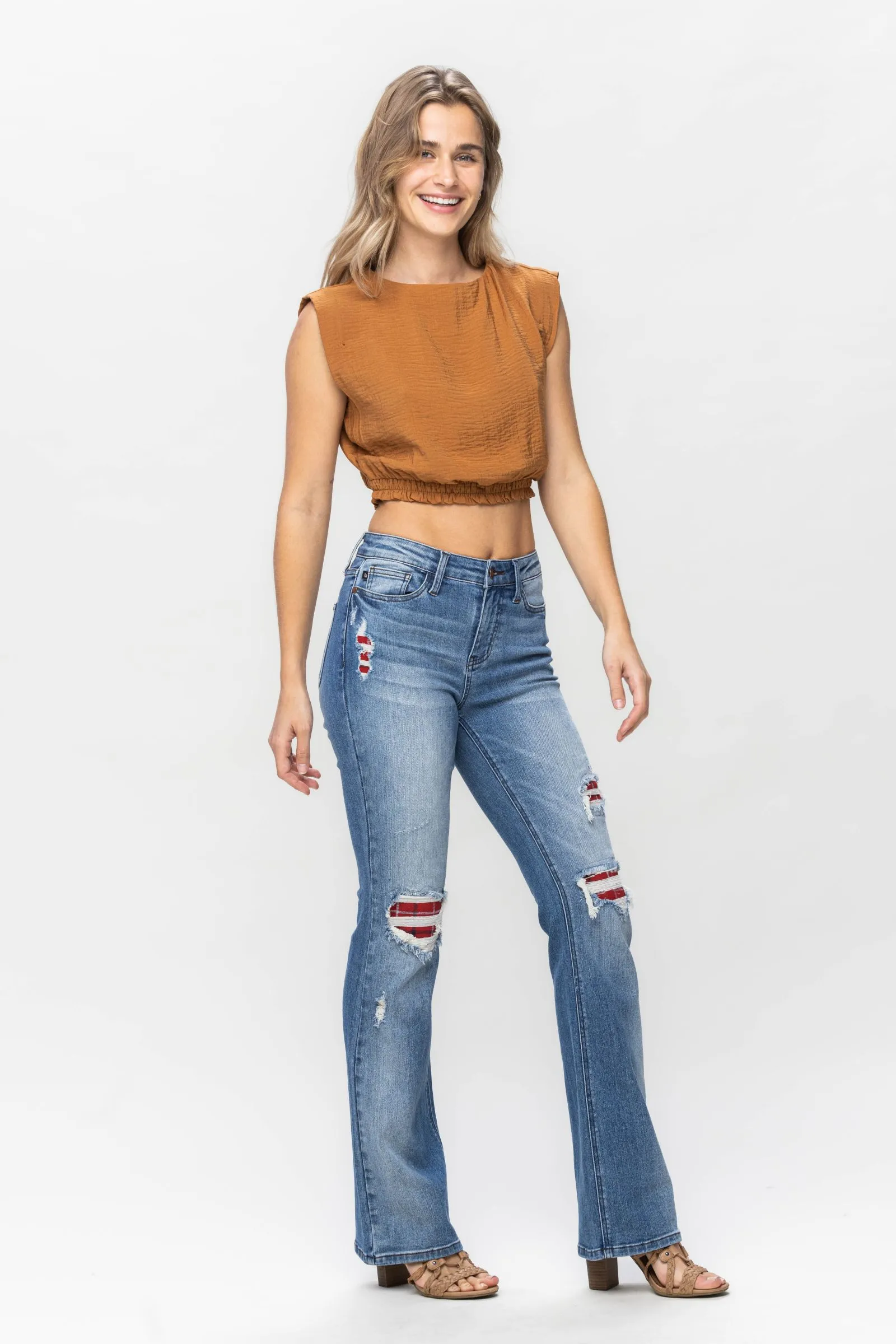 Judy Blue || Delilah Mid Rise Plaid Patch Detail Bootcut Jean