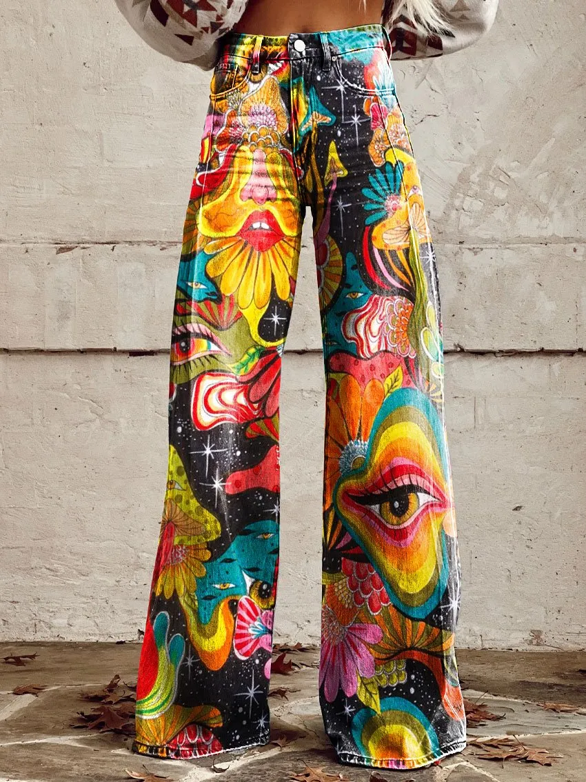 Kaitlyn - Rainbow Art Print Wide Leg Pants