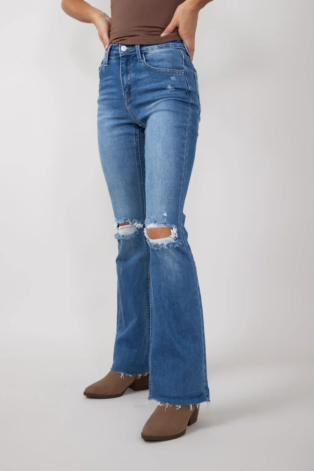 KanCan High Rise Distressed Knee Bootcut Jeans for Women | KC20013M
