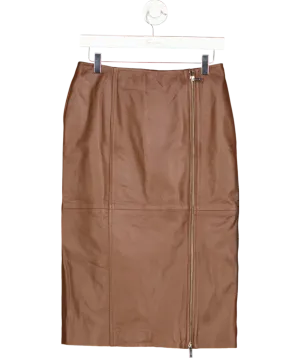 Karen Millen Brown Leather Double Zip Pencil Midi Skirt UK 10
