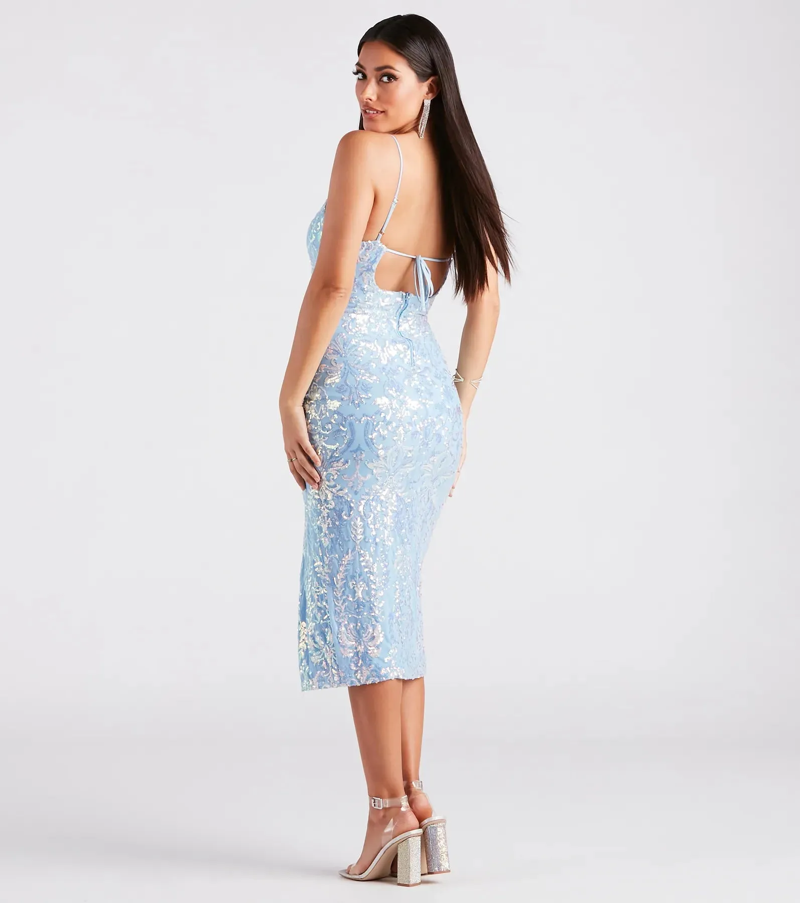 Karley Formal Sequin Low Back Midi Dress