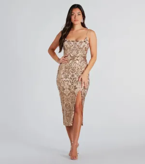 Karley Formal Sequin Low Back Midi Dress