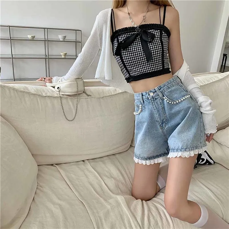 Kawaii Beaded Lace Hem Denim Shorts