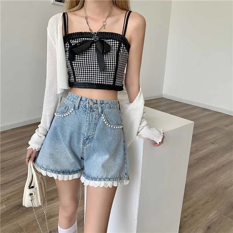 Kawaii Beaded Lace Hem Denim Shorts