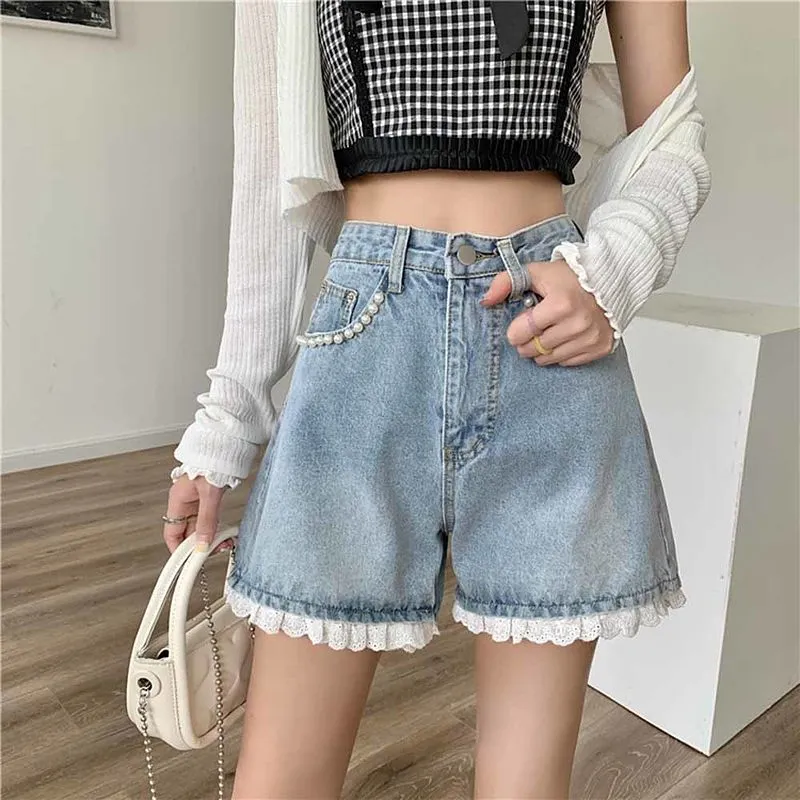 Kawaii Beaded Lace Hem Denim Shorts