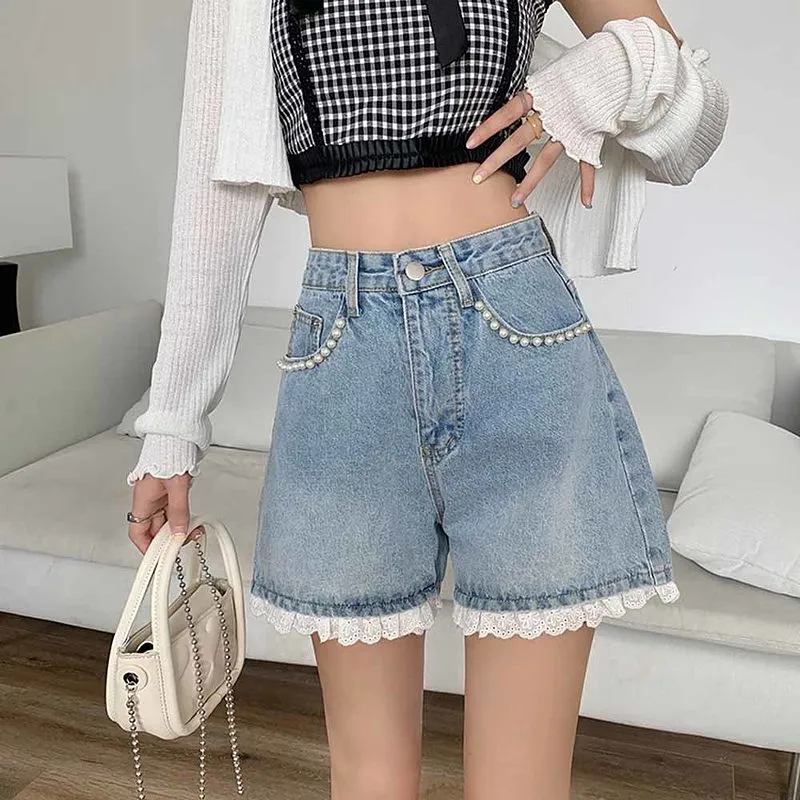 Kawaii Beaded Lace Hem Denim Shorts