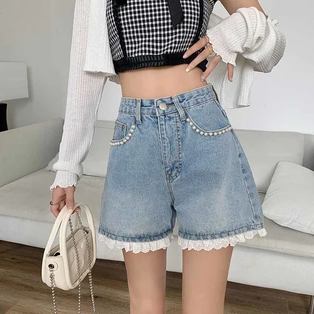 Kawaii Beaded Lace Hem Denim Shorts