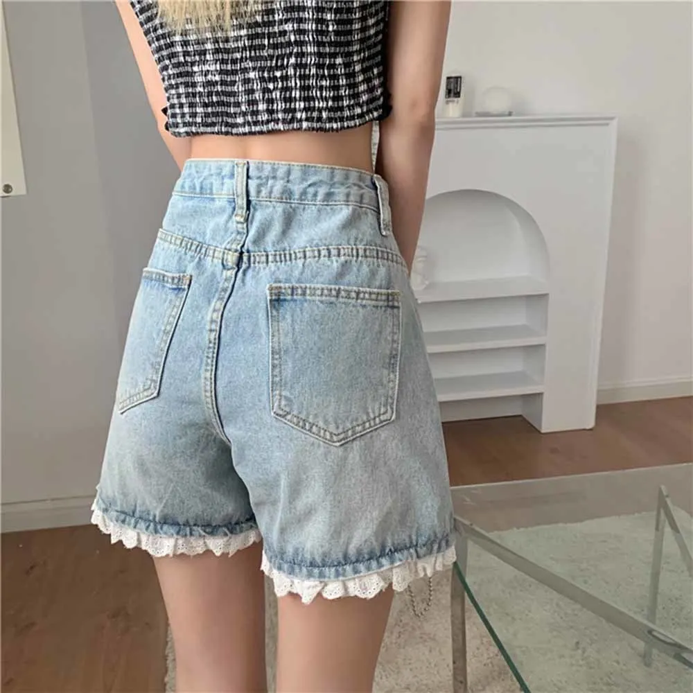 Kawaii Beaded Lace Hem Denim Shorts