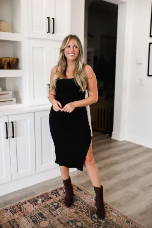 Keep It Simple Square Neck Bodycon Midi Dress - Black