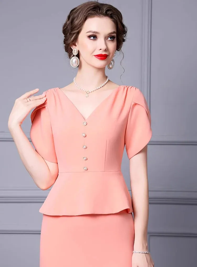 Kimora V-Neck Short sleeved Button Flounced Edge Slim-Fit Hip Wrap Dress