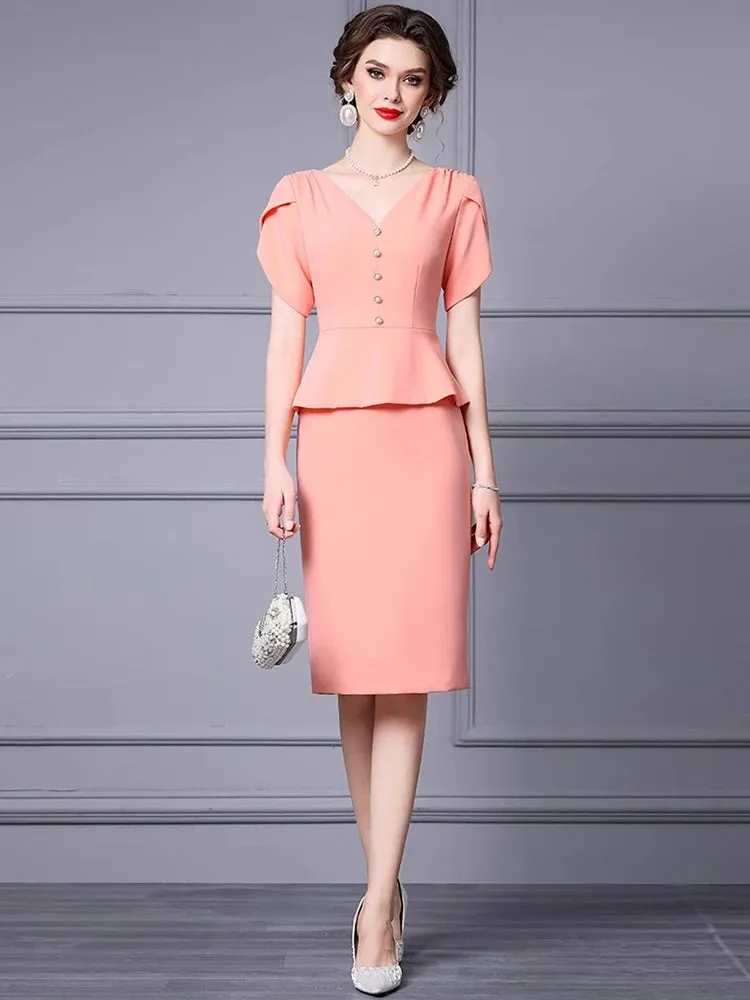Kimora V-Neck Short sleeved Button Flounced Edge Slim-Fit Hip Wrap Dress