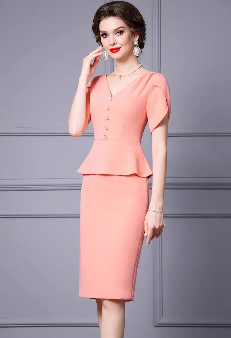 Kimora V-Neck Short sleeved Button Flounced Edge Slim-Fit Hip Wrap Dress