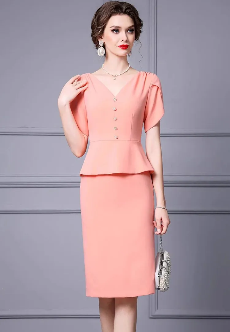 Kimora V-Neck Short sleeved Button Flounced Edge Slim-Fit Hip Wrap Dress