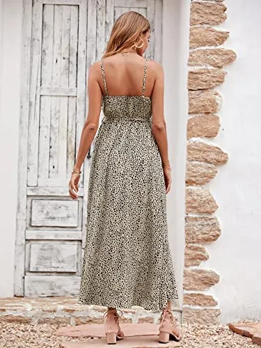 KIRUNDO Women's Summer Spaghetti Strap V Neck Floral Print Long Dress Button Down Sleeveless Split Flowy Maxi Dress with Belt (Dot Black Khaki, Small)