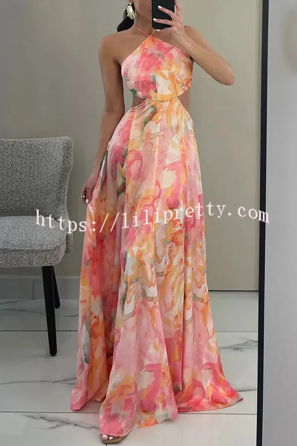 Korina Render Print Cutout Waist Halter Backless Maxi Dress