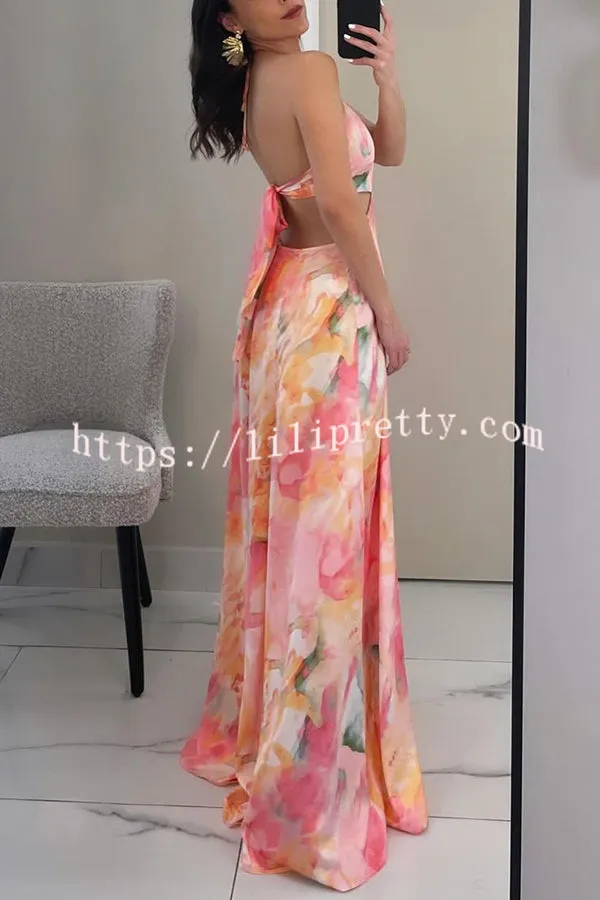 Korina Render Print Cutout Waist Halter Backless Maxi Dress