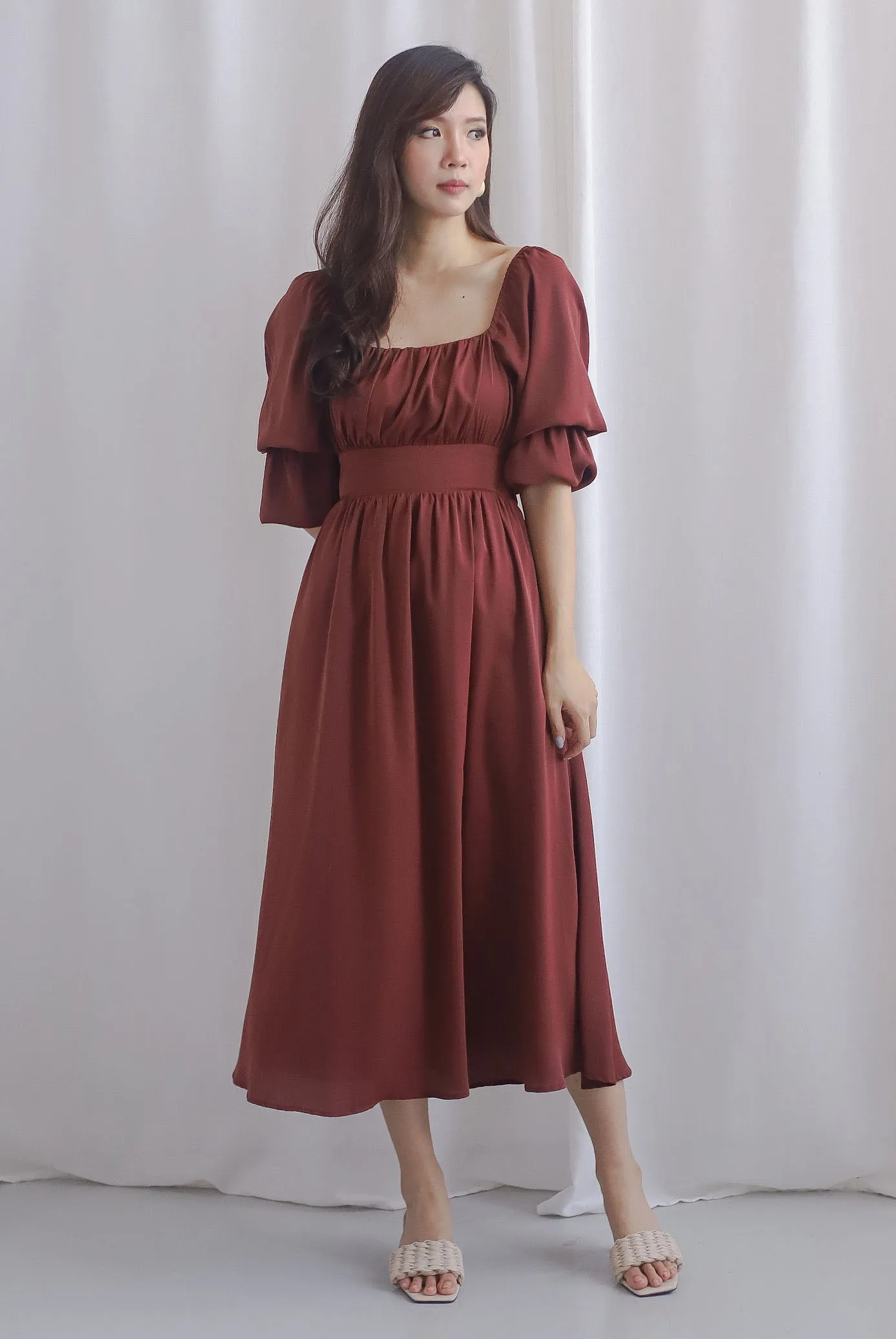 Krystal Double Poof Open Back Dress In Rosewood Red