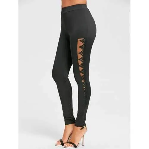 Lace and Mesh Panel Tight Leggings - Black L
