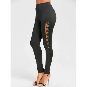 Lace and Mesh Panel Tight Leggings - Black L