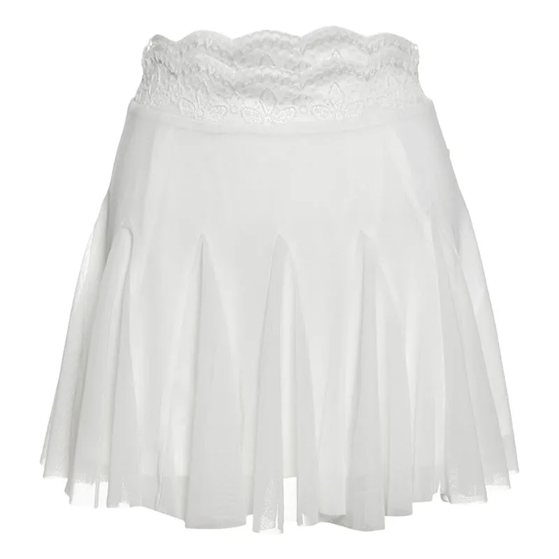Lace hem A line mesh solid mini skirt