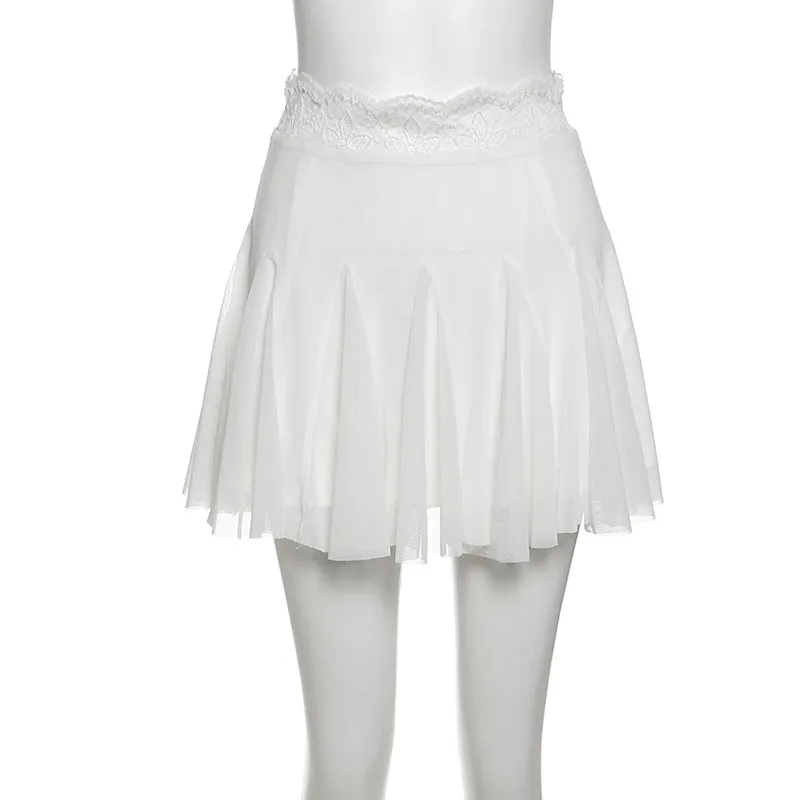 Lace hem A line mesh solid mini skirt