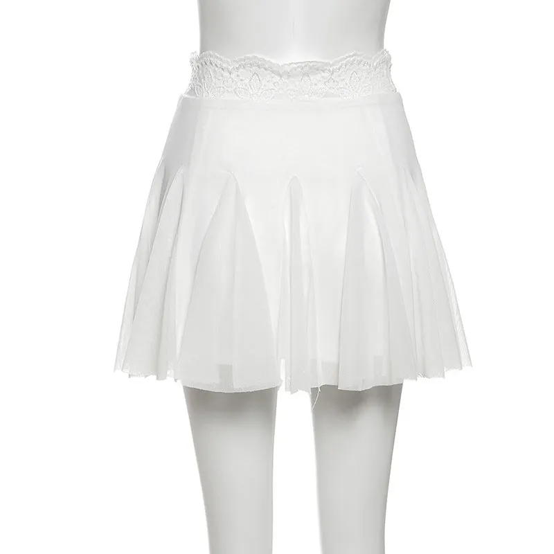 Lace hem A line mesh solid mini skirt