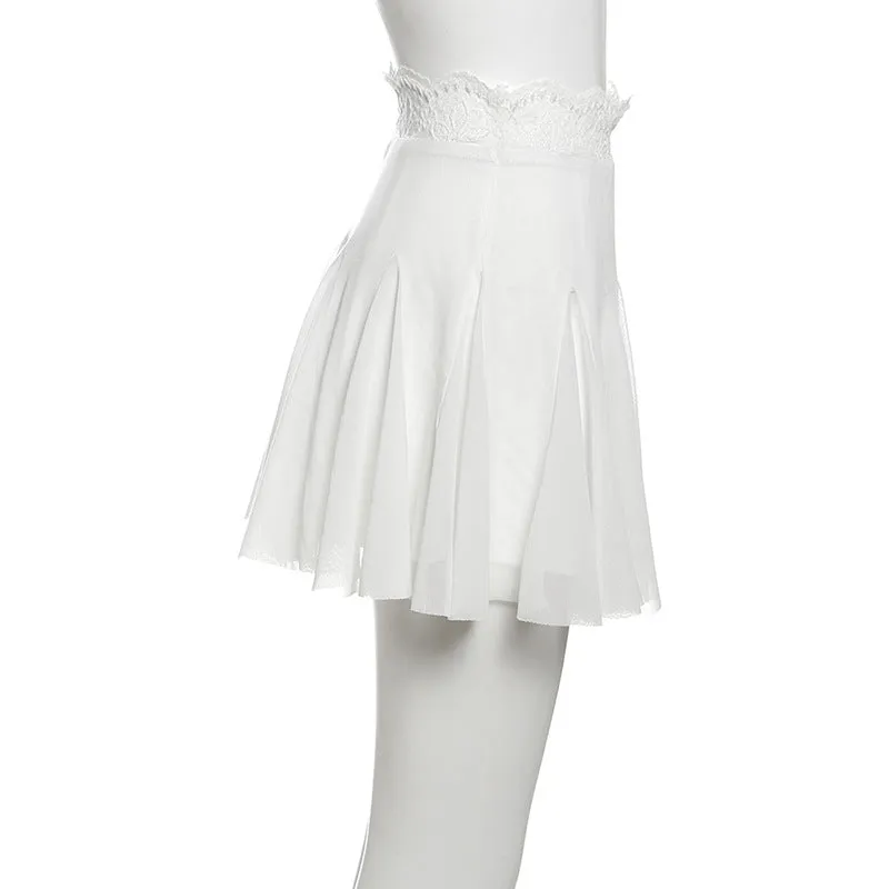 Lace hem A line mesh solid mini skirt