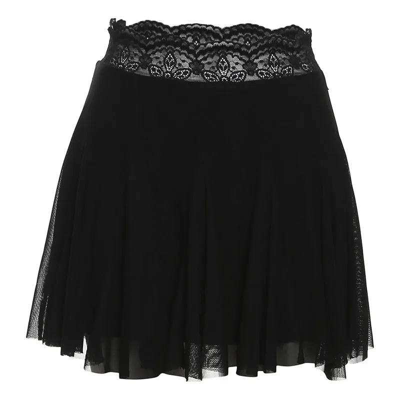 Lace hem A line mesh solid mini skirt