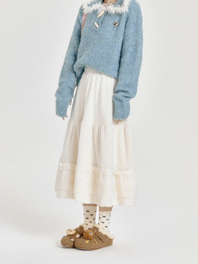Lace-Panel A-Line Midi Cake Skirt