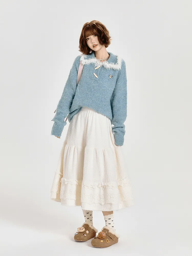 Lace-Panel A-Line Midi Cake Skirt